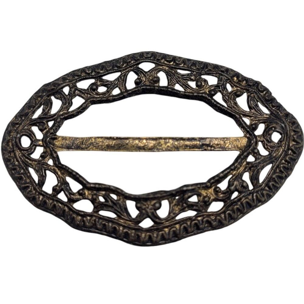 Victorian Scrollwork Buckle Gold‎ Tone Burnished Antique Accent Romantic Style